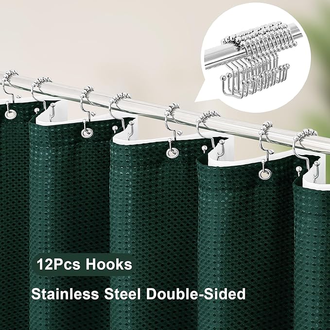 3 in 1 Shower Curtain Set, Dark Green Waffle Shower Curtain and PEVA Liner Set with 12 Stainless Steel Shower Curtain Hooks, Waterproof Shower Curtains for Bathroom, 72 W x 72 H