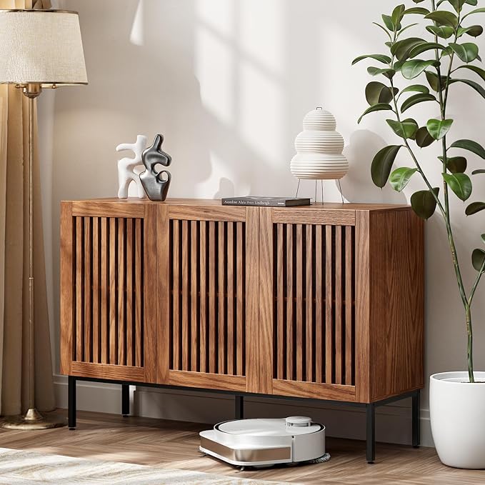 Farmhouse TV Stand for 70 Inch TVs, 2-in-1 Entertainment Center with Storage Cabinets & Metal Base,Brown Media Console for Living Room