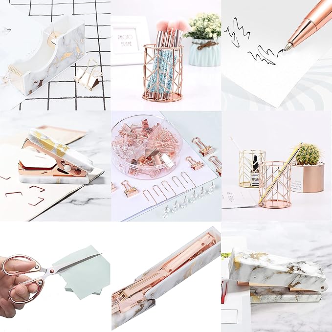 Rose Gold Marble Desk Accessories, Office Supplies Set Stapler Staple Remover, Tape Holder, Pen 2 Ballpoint Pen, Scissor, Binder Clips, Paper Clips and 1000pcs Staples