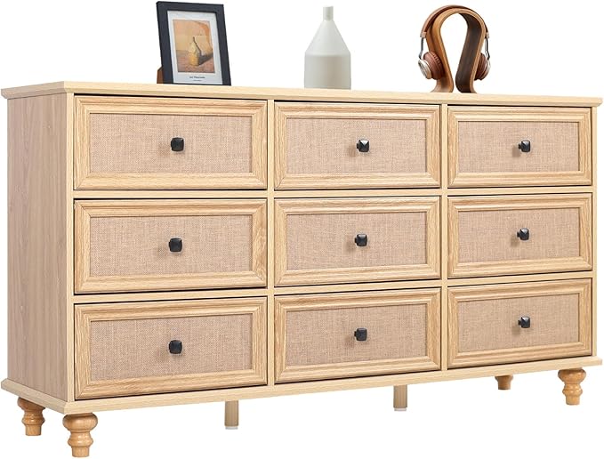 ORRD 9 Drawer Dresser for Bedroom, Mid Century Modern Wide Wood Rustic Chest of Drawers Wooden Storage Organizer Dressers with Burlap Rattan Drawers for Living Room, Hallway Closet, Entryway, Natural
