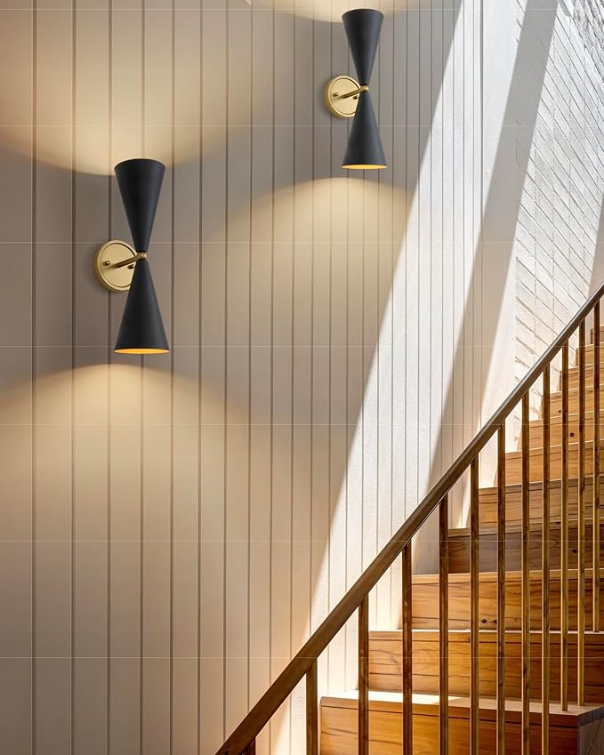 Modern Black Gold Wall Sconce, Vintage Double Heads Up and Down Sconces Wall Lighting, Indoor Hardwired Wall Lamp Fixture for Bathroom Bedroom Living Room Hallway