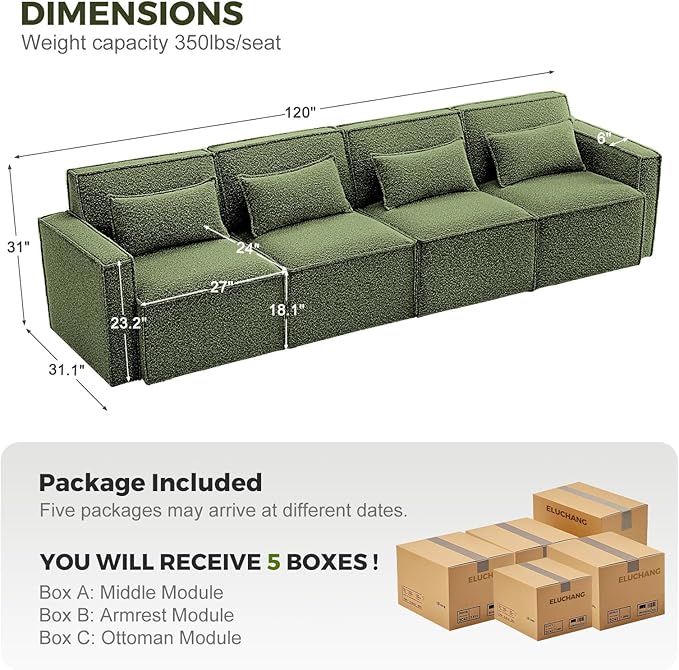 ELUCHANG 120" Modular Sectional Sofa Couch, 4 Seater Large Sectional Couches for Living Room, Modern Boucle Oversized Couch, Comfy Deep Seat Home Sofas Set, Green