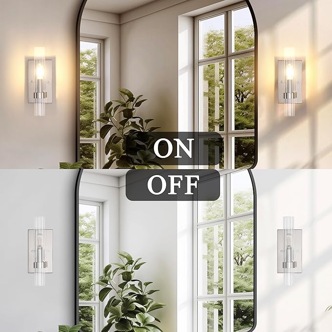Untrammelife Polished Nickel Wall Sconce, Modern Vanity Light Fixtures, Dimmable Sconces Wall Lighting with Clear Glass Shade, Wall Lights for Bedroom Living Room Mirror, E12 Base(LED Bulb Included)