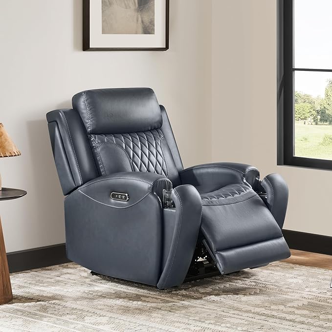 CHITA Genuine Leather Recliner Chair for Adults with Adjustable Power Headrest, Lay Flat Power Recliner with Slide-Out Cupholders & USB/Type-C Ports, Living Room Chair, Navy Blue
