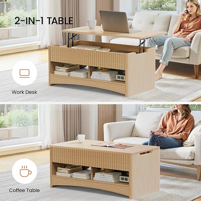Amada Coffee Table Fluted Lift Top, 35.2" Wood Table with Storage Shelf & Hidden Compartment, Modern Rectangle Center Table for Living Room, Sturdy & Multi-Functional, Holds Up to 220LBS, Natural Oak
