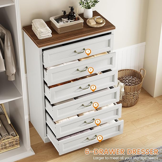 DICTAC Farmhouse 6 Drawers Dresser for Bedroom,51.2" Tall Rustic Wood Chest of Drawers,Large Storage Chest with Vintage Metal Handles, White Dresser for Bedroom,Closet,Hallway,White