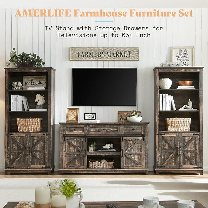 AMERLIFE Farmhouse TV Stand for Televisions up to 65 Inchs, Entertainment Center with Sliding Barn Doors and Storage Drawers, 59" TV Stand with Cabinets, Rustic Oak Black