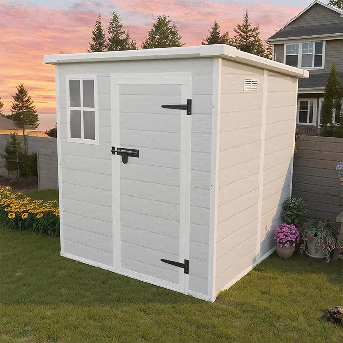 6x6 FT Outdoor Storage Resin Shed with Floor, Plastic Garden Tool Shed with Sloped Roof, Lockable Door & Windows, Easy to Assemble Bike Shed for Lawn, Backyard, Patio, White
