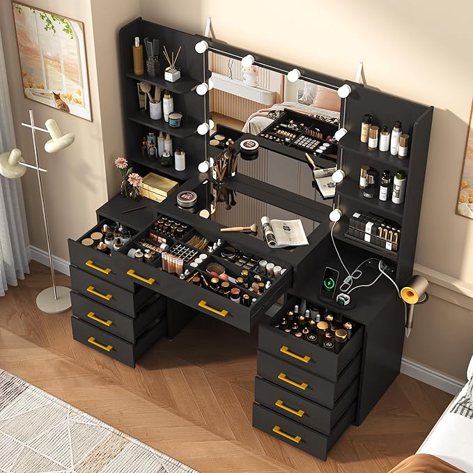 55 in Glass Top Vanity Desk with Mirror and Lights, Large Vanity Makeup Mirror Desk with Charging Station Compartment Storage Drawers, Modern Makeup Vanity with 9 Drawers 6 Shelves, Black