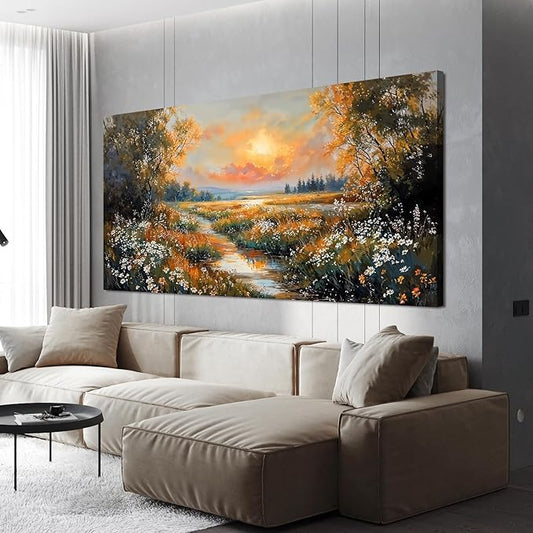 Canvas Wall Art Decor Vintage Wildflower Wall Art Prints Canvas Wall Art for Living Room Nature Landscape Art Work for Wall Decor River Sunset Artwork for Walls Bedroom Office Wall Art Decor 20" X 40"
