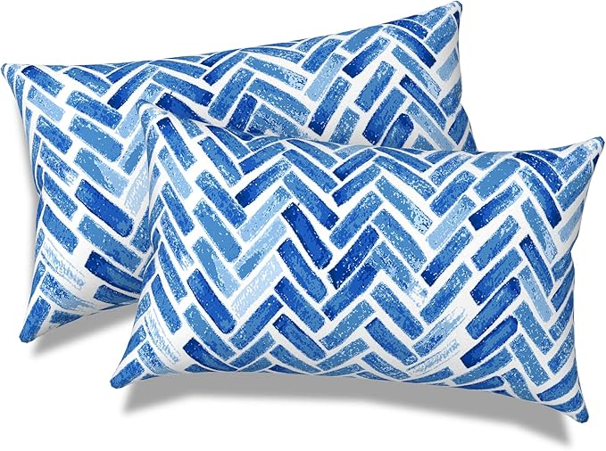 Outdoor/Indoor Lumbar Pillows, Water Repellent Cushion Pillows, 12x20 Inch, Outdoor Pillows with Inserts for Home Garden, Pack of 2, Blue Bricks