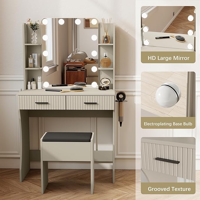 Small Vanity Desk with Mirror and Lights, Makeup Vanity Desk with 3 Color Modes Adjustable Bulb, 2 Large Drawers and 4 Open Storage Shelves, Gray Vanity with Charging Station for Bedroom