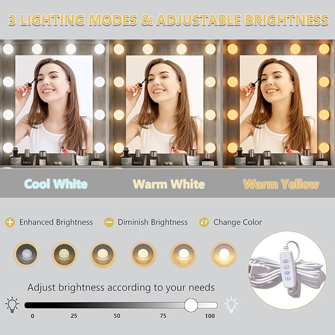 Makeup Vanity Desk with Mirror and Lights, Grey Vanity Table Set with Storage Drawers, Charging Station, Cabinets & Chair, Large Dressing Table with RGB Ambient Light for Women Girls Bedroom Bathroom