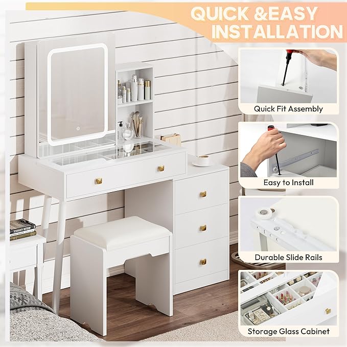 KAMABOKO Vanity Desk with Sliding Mirror and Lights, Makeup Vanity Table with 4 Drawers and Storage Rack, Glass Transparent Top Makeup Vanity with Stool for Bedroom (White)