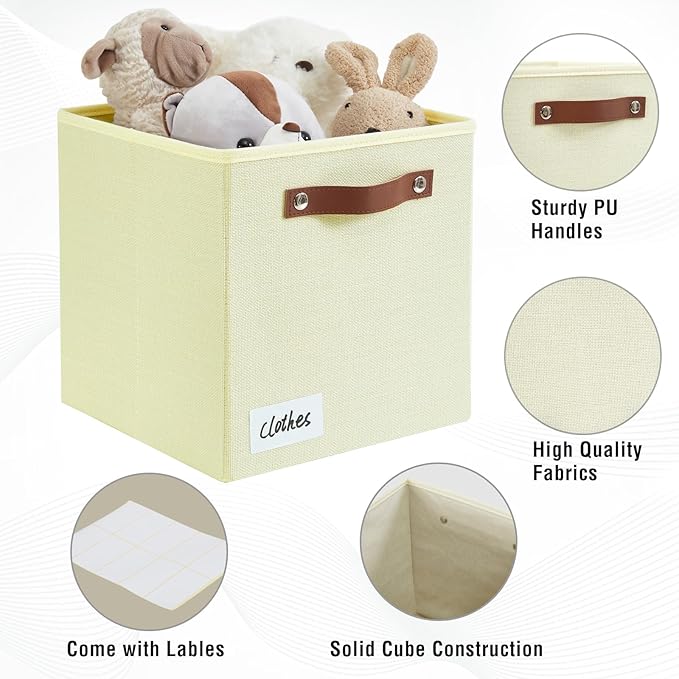 Collapsible Fabric Storage Cube Bins with 2 Reinforced PU Handles, Foldable Storage Organizer Baskets for Closet, Shelves, Living Room | 11"x11"x11", 4 Pack, Full Beige