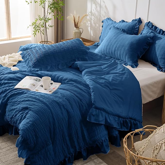 JOLLYVOGUE Teal Twin Size Comforter Set, 2 Pieces Seersucker Lightweight Fluffy Bedding Set, Twin Ruffle Comforter, All Season Soft Microfiber Shabby Chic Bed Set