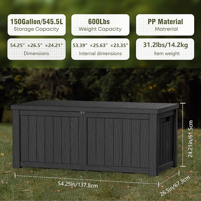 150GAL Black Large - Capacity Outdoor Deck Box with Lockable Compartment – Waterproof, SGS - Shielded UV Resistance, Ideal for Storing Large Patio Furniture Sets & Seasonal Decor