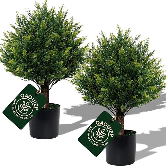Artificial Cedar Topiary Trees - 24" Tall 17" Wide Set of 2 | Outdoor UV Resistant Fake Plants | Faux Evergreen Bushes Outdoor Indoor Porch Patio Décor | No Maintenance