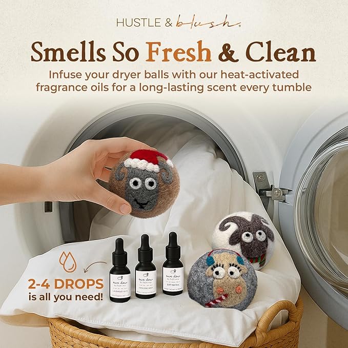 Fluff Ewes Wool Dryer Balls 3 Pack Premium New Zealand Wool Laundry Balls for Dryer, No Static Dryer Balls Laundry Reusable, XL Christmas Dryer Balls, Holiday Dryer Balls - Sheep in Heavenly Peace