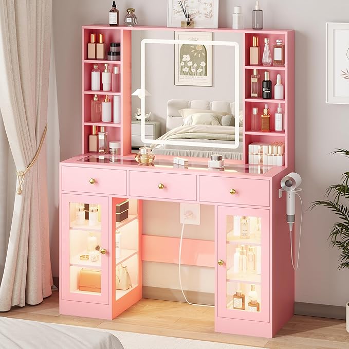 Pink Vanity Desk with Mirror and Lights, Glass Top Vanity with Lighted Mirror & RGB Cabinet and 3 Drawers, Dressing Table with 8 Shelves, Makeup Desk with Lights for Girls Bedroom, 3 Color Modes