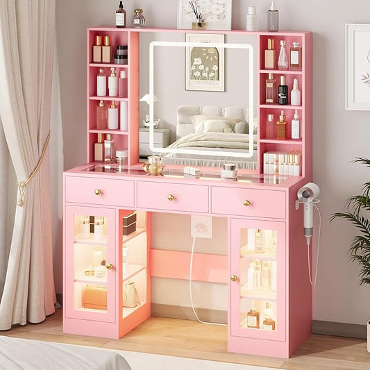 Pink Vanity Desk with Mirror and Lights, Glass Top Vanity with Lighted Mirror & RGB Cabinet and 3 Drawers, Dressing Table with 8 Shelves, Makeup Desk with Lights for Girls Bedroom, 3 Color Modes