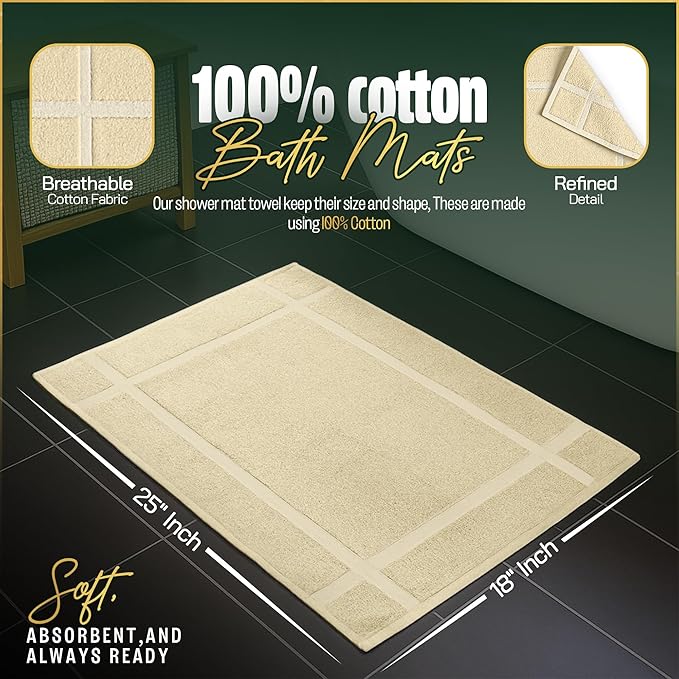 Pearl Linens Pack of 2 100% Cotton Bath Mat 18x25 inches, Soft & Absorbent Quick Dry Bathroom Mat Set, Not Bathroom Rugs, After Shower Mat, Bath Tub Mat, 687 GSM, Machine Washable, Beige