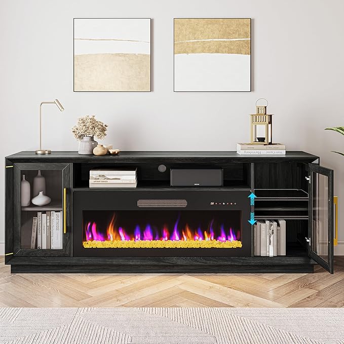 BELLEZE 74" Extra Large TV Stand for TVs Up to 85", Media Console Table with 42" Electric Fireplace Heater, Entertainment Center with Storage Cabinets for Living Room, Bedroom - Sienna (Black Ebony)