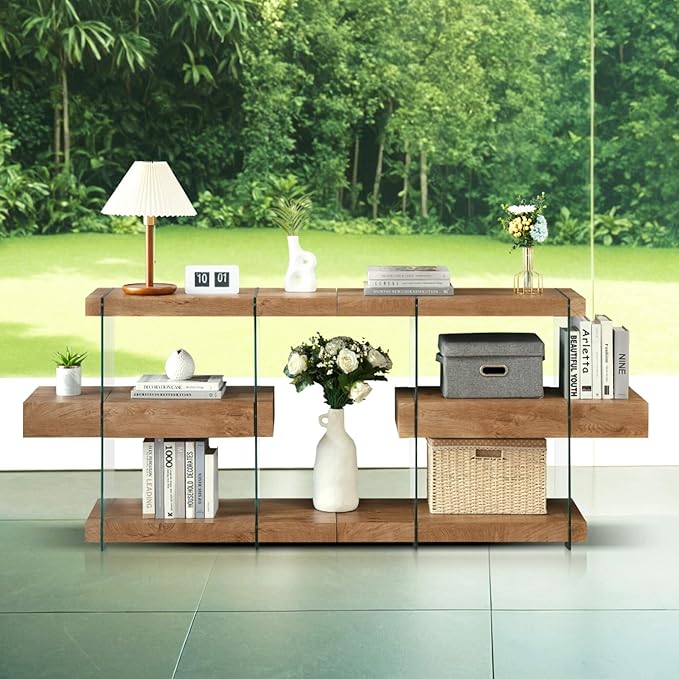 ivinta Glass Console Table with Storage Shelves, 3-Tier Modern Narrow Entryway Table with Hidden Drawer for Living Room Hallway or Entrance, 5104 (Brown, 39")