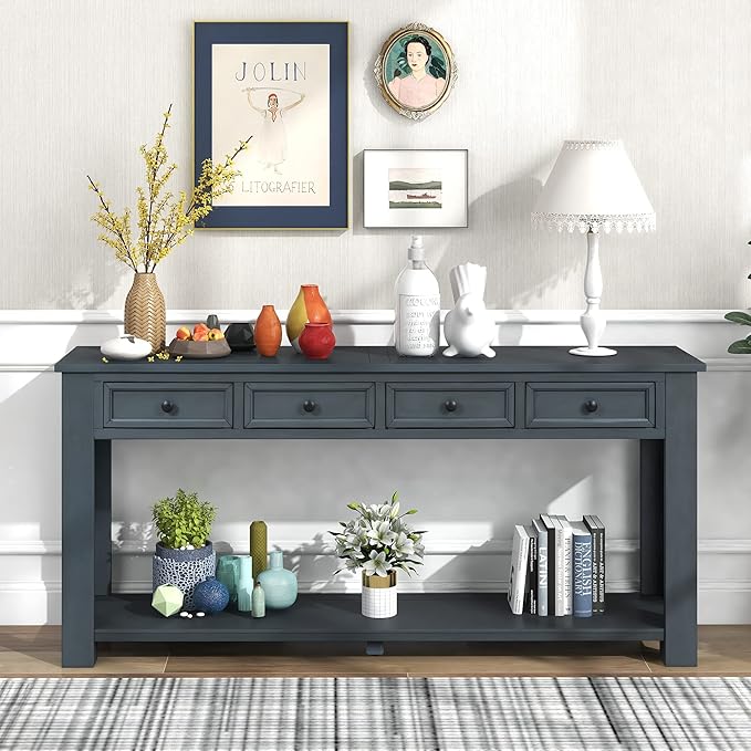 Solid Wood Console Table, Long Sofa Table Entryway Table with 4 Drawers and Bottom Shelf for Hallway Living Room Couch Table,Fully Assembled (63" Navy)
