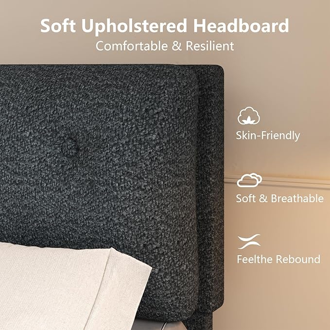 Full Bed Frames,Breathable Boucle Fabric Upholstered Bed Frame with Headboard,Removable and Washable,Wood Slat Support,No Box Spring Needed,Easy Assembly,Black