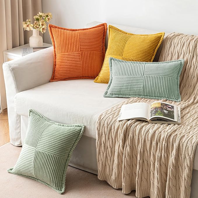 MIULEE Decorative Throw Pillow Covers for Couch Bed Livingroom 16x16 Inch Set of 2 Greyish Green Boho Accent Throw Pllows Broadside Striped Patchwork Soft Corduroy Summer Pillowcases