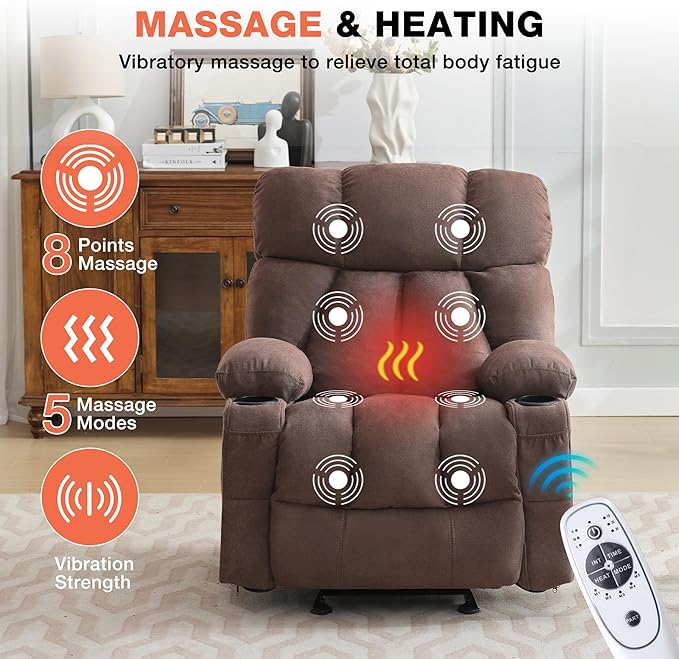 Massage Rocker Recliner Chair with Heat, Ergonomic Overstuffed Reclining Lounge Chair with Side Pockets, USB Charging Port, Sturdy Metal Frame, Comfortable Modern Design for Living Room