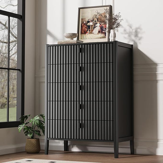 Black 5 Drawer Dresser, Fluted Wood Chest of Drawers for Bedroom, Modern Dresser with Deep Drawers for Clothes, 32 Inch Tall Nightstand for Bedroom, Living Rooms, Offices, and Entryways