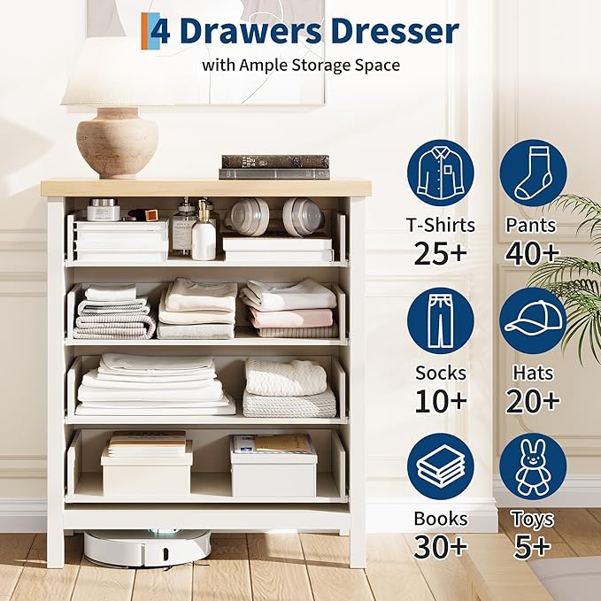 GarveeHome Fluted 4 Drawers Dresser for Bedroom, 35.4 in Tall Chest of Dressers for Closet, 4 Fluted Drawers with Metal Handle, Large Clothes Storage Cabinet for Bedroom, Nursery, Living Room, White