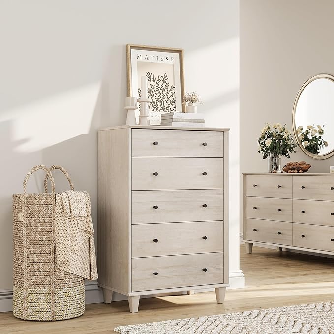 5 Drawer Dresser for Bedroom, Tall Modern Chest of Drawers, Beveled Profile Design, Wood Drawer Organizer for Bedroom, Living Room, Hallway and Entryway,Light Oak