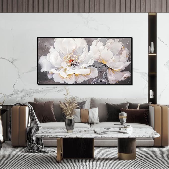 White Flower Painting Wall Decor for Living Room - Modern Framed Wall Art Bedroom - Home Decor for Women Ready to Hang Size 24" x 48"