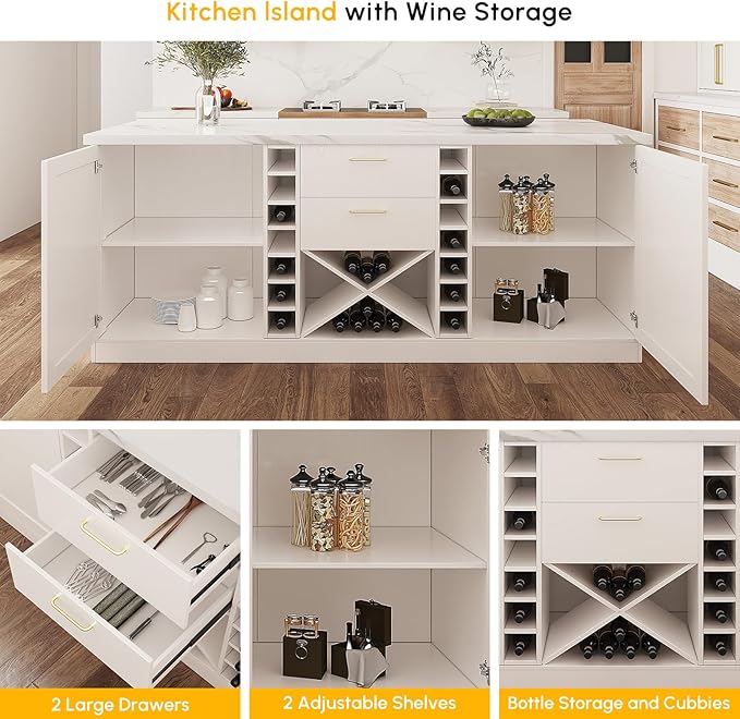 homary 72'' Kitchen Island with Seating Island Table with Wine Storage & 2 Drawers Marble Dining Table for 4 People