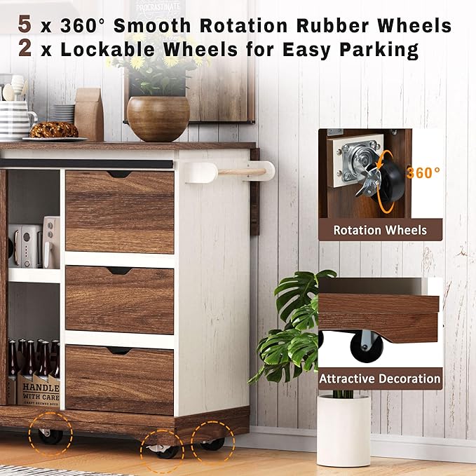 55.5" Farmhouse Kitchen Island Storage Cart with Drop Leaf, Sliding Barn Door, Power Outlet, Spice Rack & 3 Drawers, Rolling Kitchen Cart on Wheels for Kitchen, Dining Room (White)
