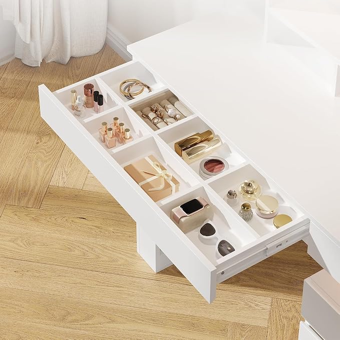 Makeup Vanity Desk with Mirror and Lights, Dressing Table with 3 Drawers and 11 Storage Shelves, Large Makeup Vanity Set with Lighted Mirror & Stool & Power Outlet, Vanity Dresser for Bedroom Dressing