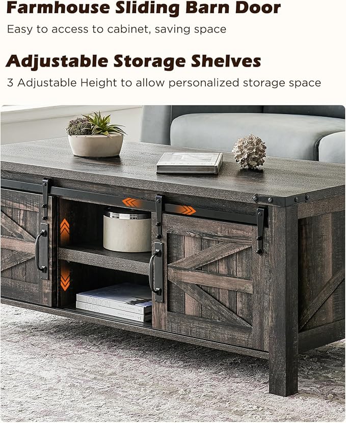 OKD 48" Farmhouse Lift Top Coffee Table with Sliding Barn Door,Rustic Center Table with Hidden Storage Compartment,Lifting Tabletop and Adjustable Shelf for Living Room,Office,Dark Rustic Oak