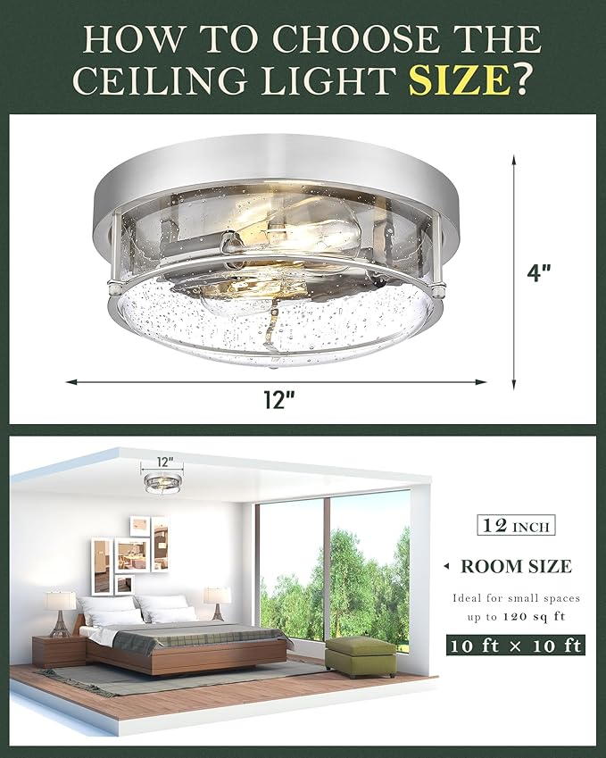 12" Flush Mount Ceiling Light, Brushed Nickel Finish, Bubble Glass Shade, Modern Farmhouse Style for Bedroom, Living Room, Dining – CKCL4822-2W-SGBN