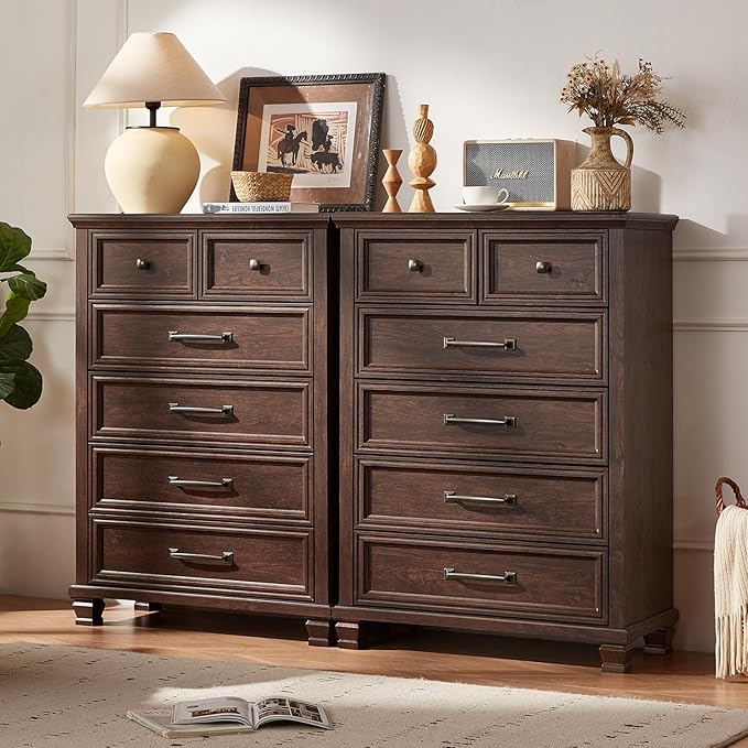 Farmhouse 6 Drawer Dresser for Bedroom, 45 Inch Tall Vintage Wood Chest of Drawers, Rustic Dressers w/Square Wooden Legs, Mid-Century Storage Organizer for Living Room, Hallway, Walnut