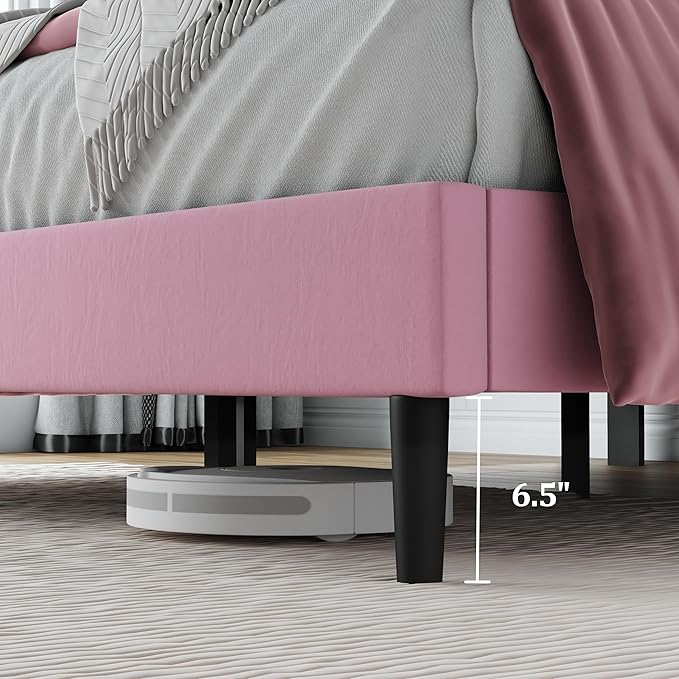 Queen Size Bed Frame, Queen Platform Bed Frame with Velvet Upholstered Headboard, Geometric Pattern, Sturdy Frame and Slats, Noiseless, No Springs Required, Easy to Assemble，Pink