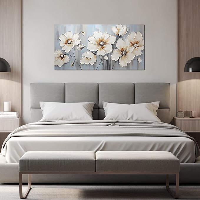 Large Artwork Canvas Wall Art for Living Room Bedroom Modern White Flower Theme Picture Wall Art with Frame Canvas Decorative Artwork Hangable Decor Painting Size 20x40
