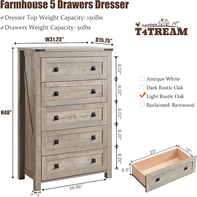T4TREAM Farmhouse 5 Drawers Dresser Chests for Bedroom, Wood Rustic Tall Chset of Drawers,Dressers Organizer for Bedroom, Living Room,Hallway, Light Rustic Oak
