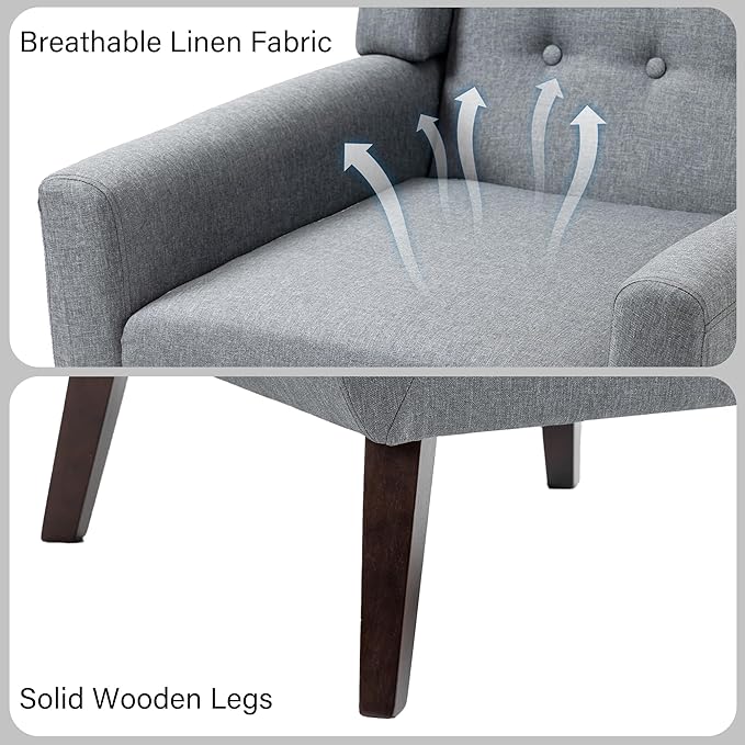 Accent Chair, Mid-Century Modern Fabric Chairs with Arms for Living Room, Comfy Upholstered Club Single Sofa Armchair for Bedroom Waiting Room with Solid Wood Frame (Fabric Grey, Set of 1)