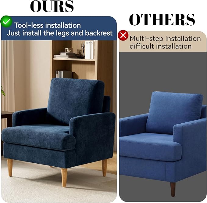 VKNOW Mid-Century Accent Chair, Modern Upholstered Chenille Armchair for Living Room,Comfy Reading Accent Chairs with Wood Legs for Bedroom, Navy Blue