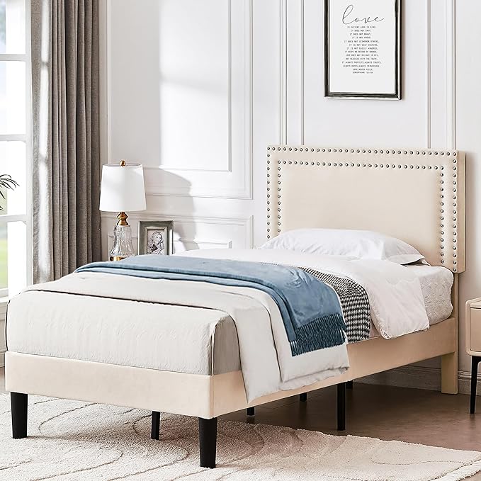 VECELO Twin Size Bed Frame with Height Adjustable Headboard, Strong Wood Slat Platform, No Box Spring Needed, Easy Assembly