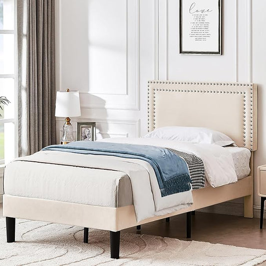 VECELO Twin Size Bed Frame with Height Adjustable Headboard, Strong Wood Slat Platform, No Box Spring Needed, Easy Assembly