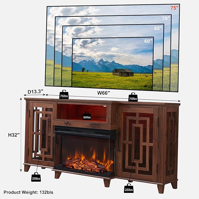 JXQTLINGMU Fireplace TV Stand for 75" TV, 32" Tall Farmhouse Entertainment Center with 26'' Electric Fireplace & LED Light, Rustic Media Console with 2 Large Storage Cabinets for Living Room, Brown